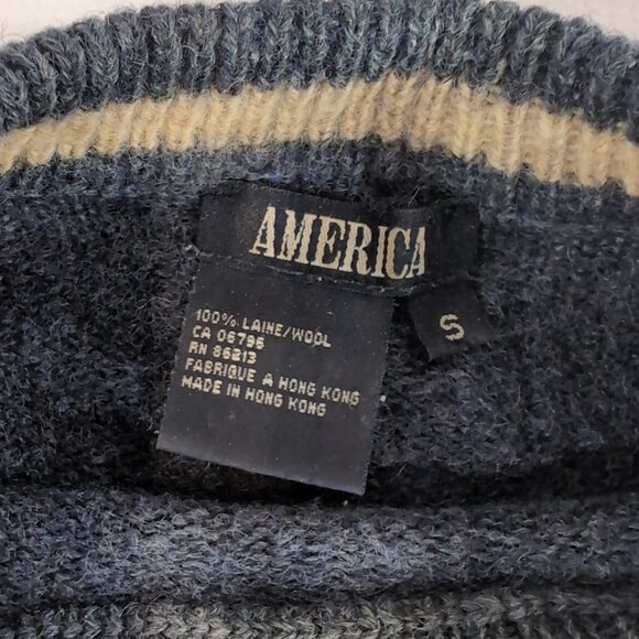 America 100% Wool Striped Knit Sweater Blue Orange Long Sleeve Men S Small VTG - Picture 3 of 11